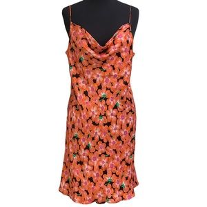 Warehouse Satin Mini Slip Dress Floral Sz 10 Cowl Neck Black Orange Pink NWT